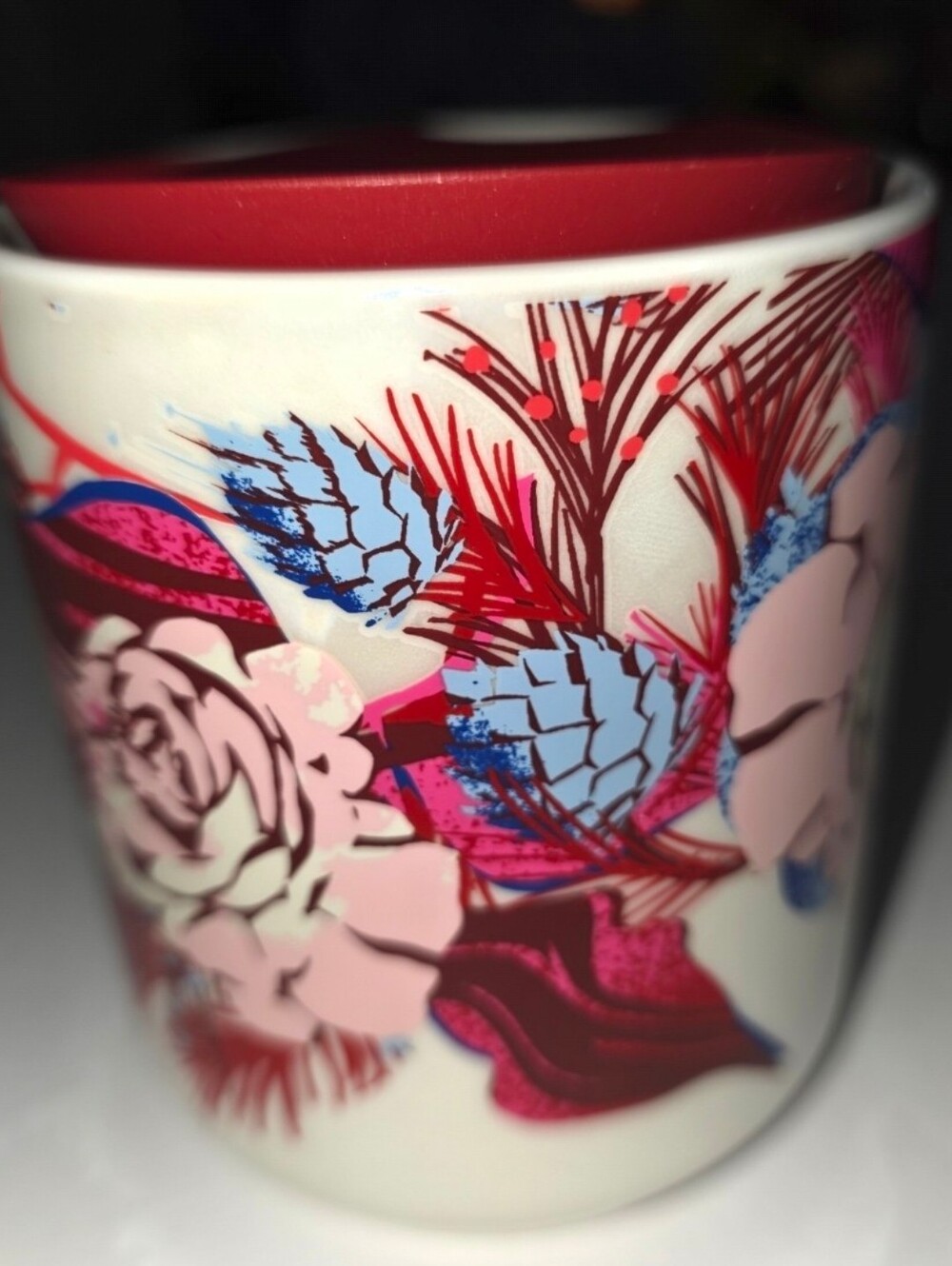 Starbucks Floral Ceramic Travel Mug 8oz Red Lid Limited Edition Coffee Cup